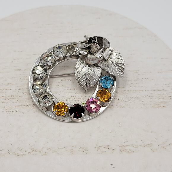 Sterling Silver Multi Color Rhinestone Wreath Brooch Pin Set Mother’s Day Gift - Picture 1 of 12